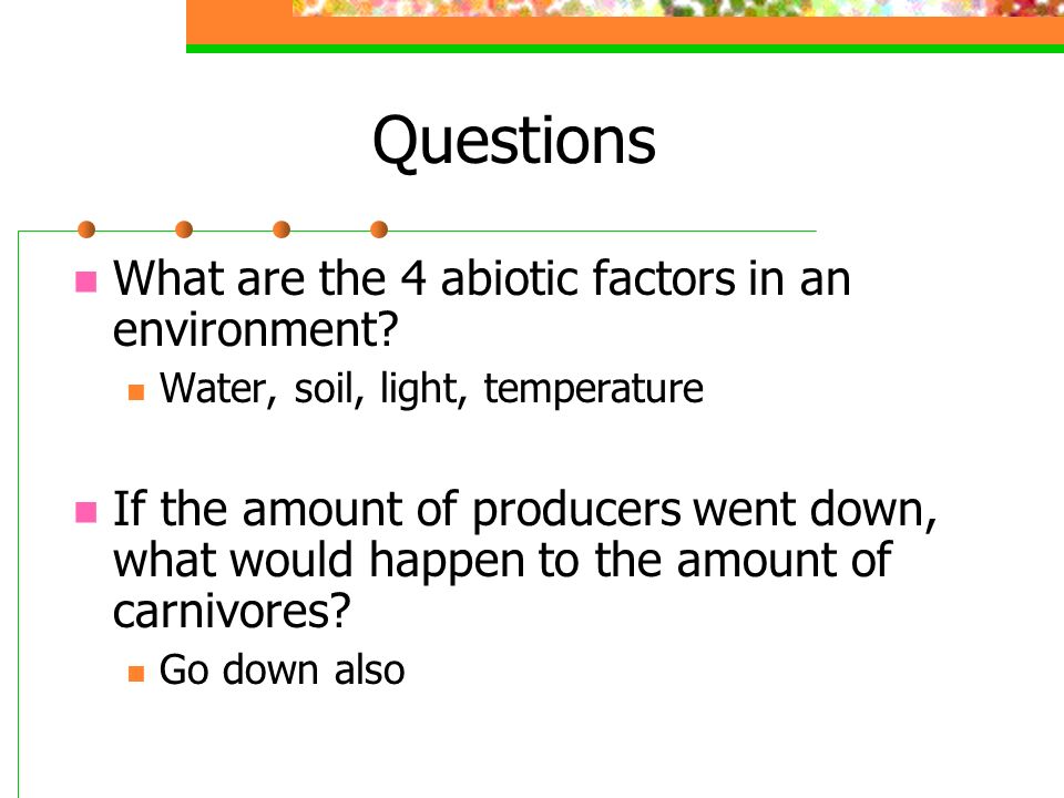 Questions What are the 4 abiotic factors in an environment