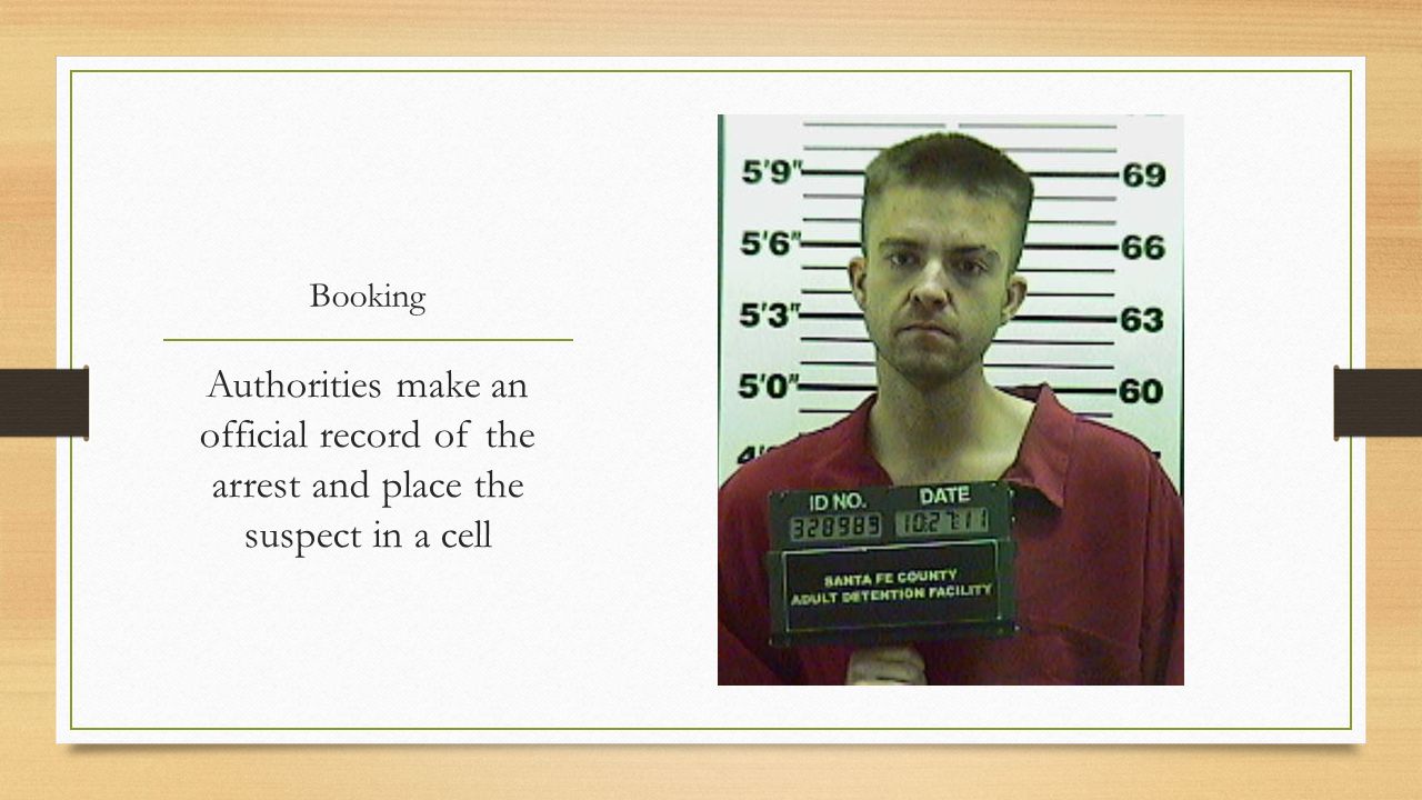 Booking Authorities make an official record of the arrest and place the suspect in a cell