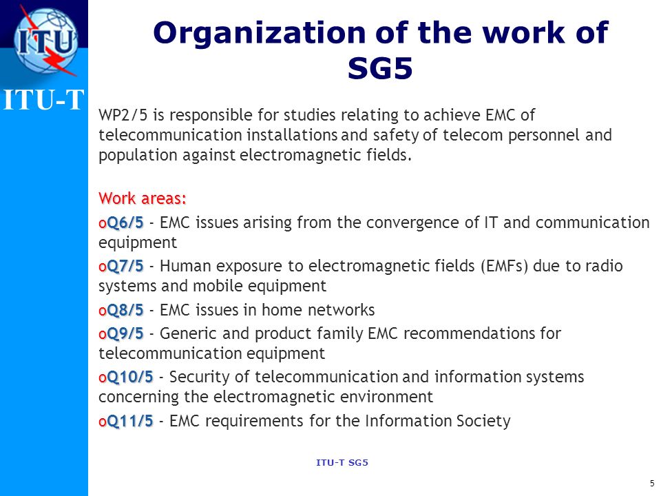 Organization of the work of SG5