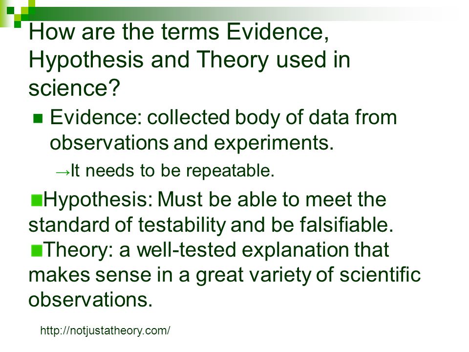 How are the terms Evidence, Hypothesis and Theory used in science