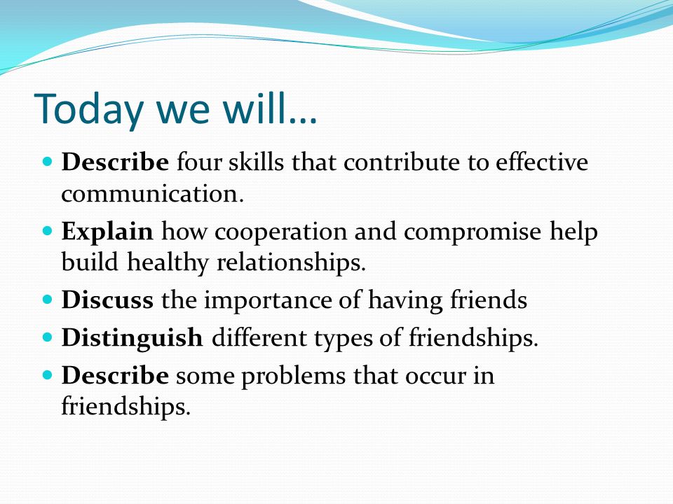 Today we will… Describe four skills that contribute to effective communication.