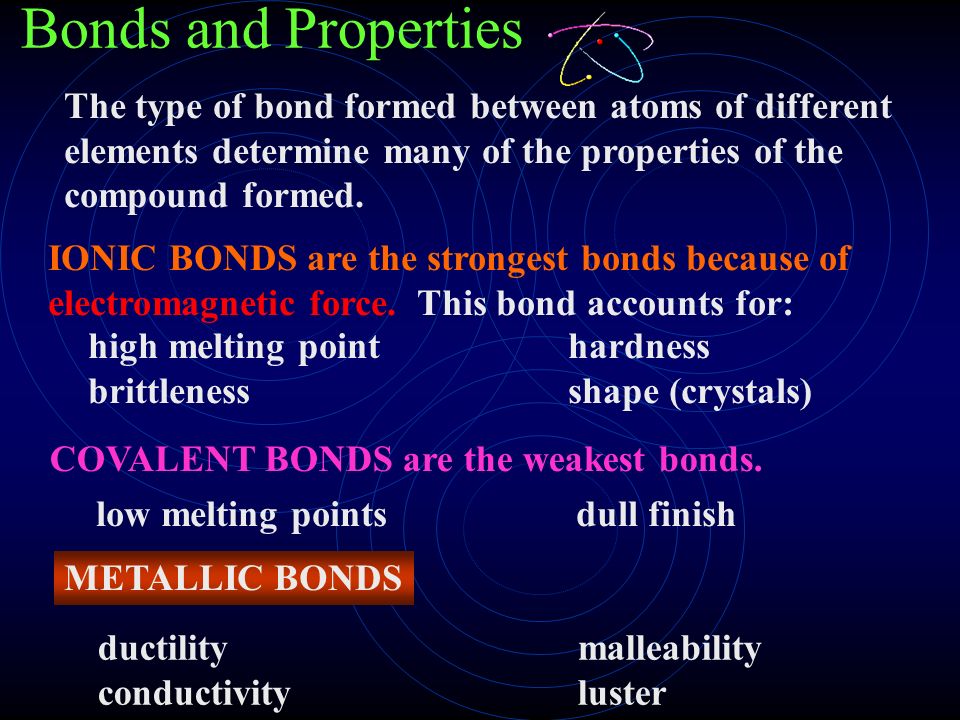 Bonds and Properties The type of bond formed between atoms of different. elements determine many of the properties of the.