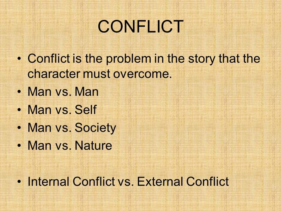 CONFLICT Conflict is the problem in the story that the character must overcome. Man vs. Man. Man vs. Self.