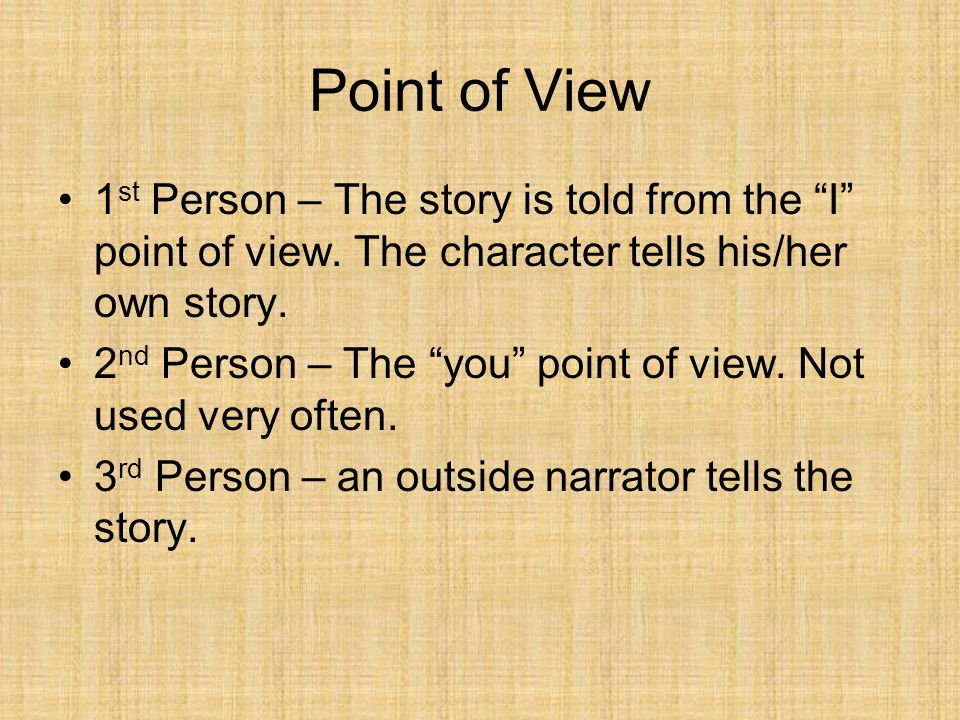 Point of View 1st Person – The story is told from the I point of view. The character tells his/her own story.