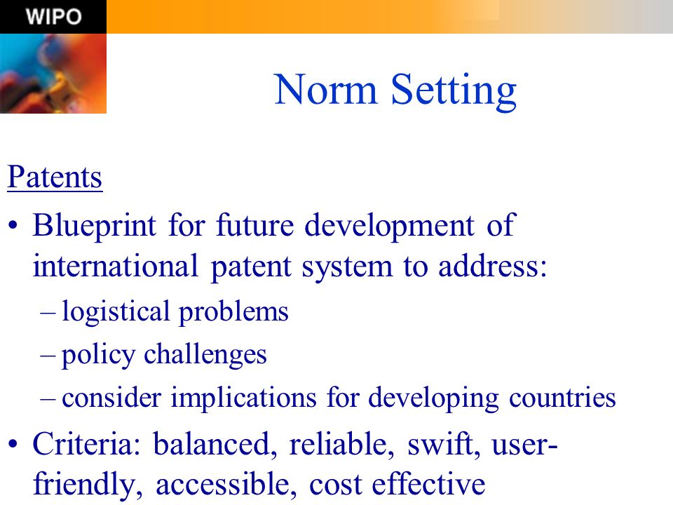 Norm Setting Patents. Blueprint for future development of international patent system to address: logistical problems.