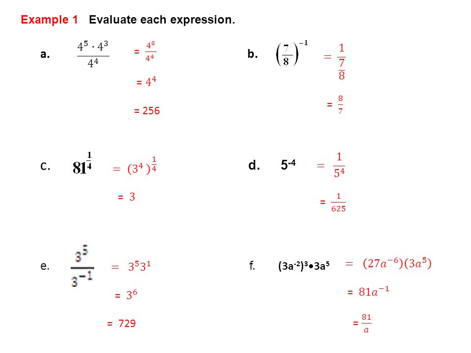 c. a. b. d. 5-4 e. f. Example 1 Evaluate each expression.