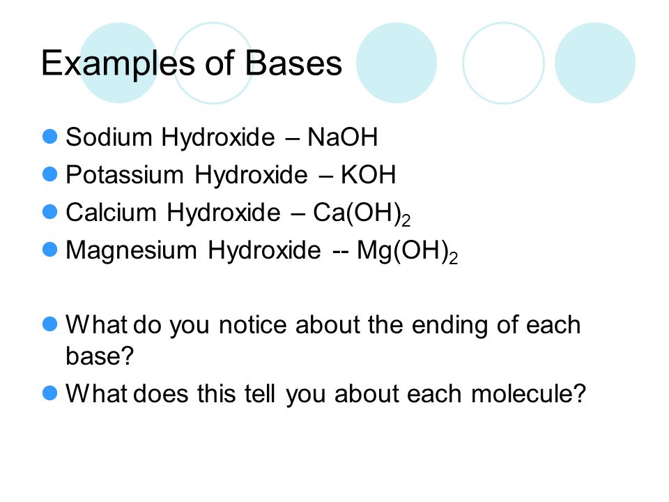 Examples of Bases Sodium Hydroxide – NaOH Potassium Hydroxide – KOH