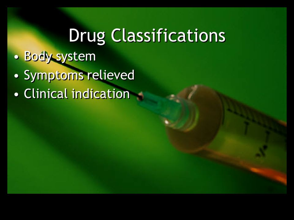 Drug Classifications Body system Symptoms relieved Clinical indication