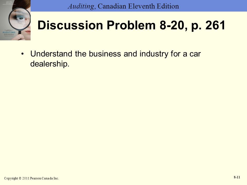Discussion Problem 8-20, p. 261 Understand the business and industry for a car dealership. Copyright © 2011 Pearson Canada Inc.