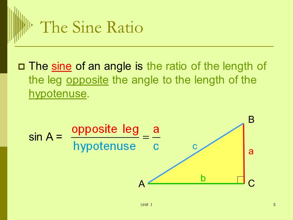The Sine Ratio The sine of an angle is the ratio of the length of the leg opposite the angle to the length of the hypotenuse.