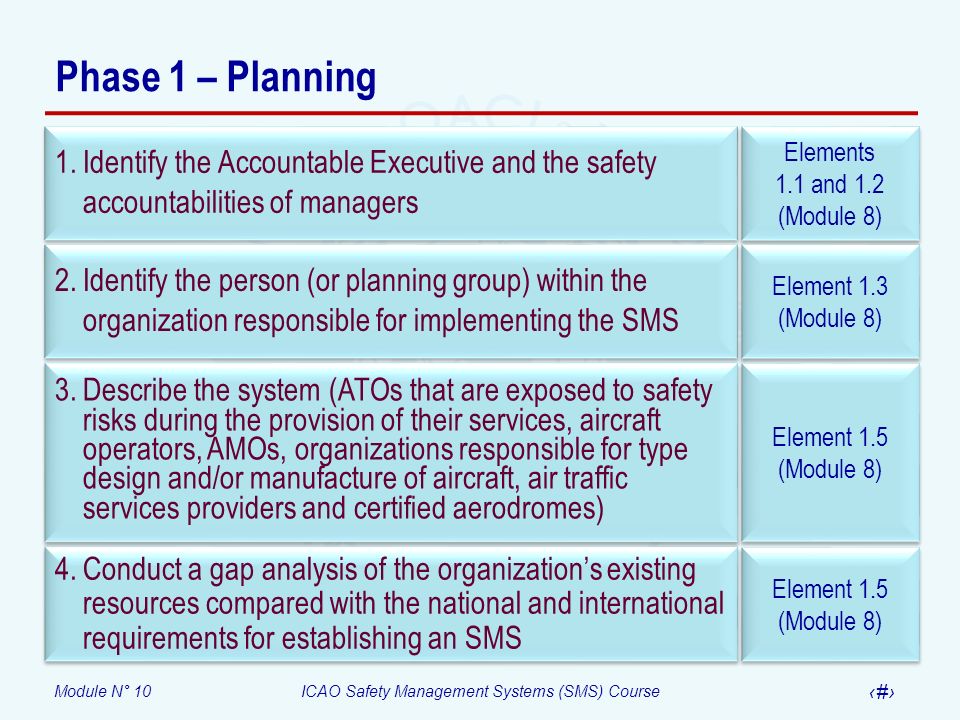 Phase 1 – Planning Identify the Accountable Executive and the safety accountabilities of managers. Elements.
