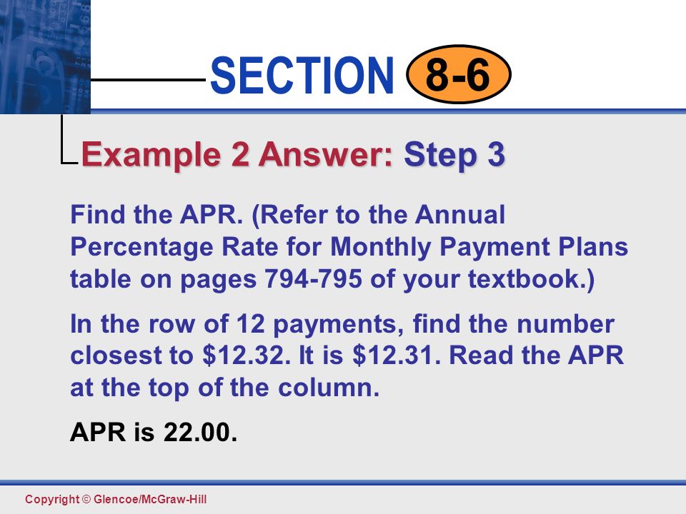Example 2 Answer: Step 3 Find the APR. (Refer to the Annual Percentage Rate for Monthly Payment Plans table on pages of your textbook.)