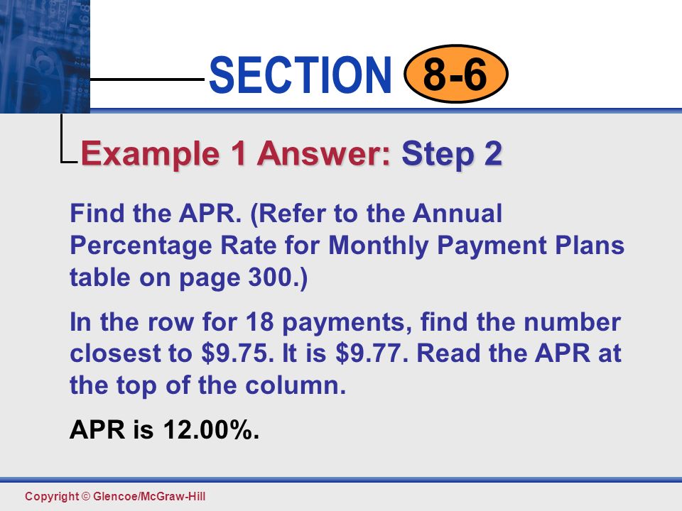 Example 1 Answer: Step 2 Find the APR. (Refer to the Annual Percentage Rate for Monthly Payment Plans table on page 300.)