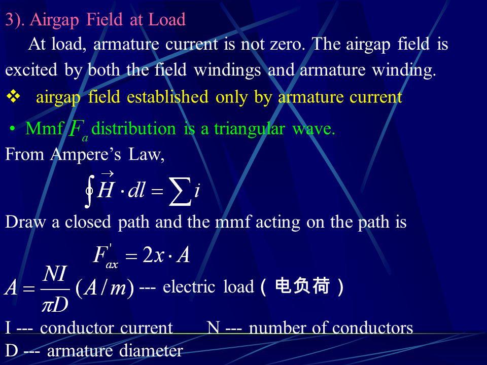 3). Airgap Field at Load At load, armature current is not zero. The airgap field is. excited by both the field windings and armature winding.