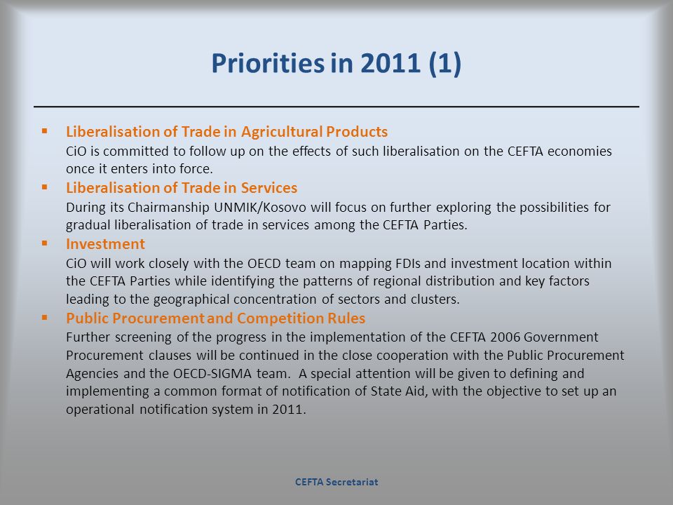 Priorities in 2011 (1) Liberalisation of Trade in Agricultural Products.