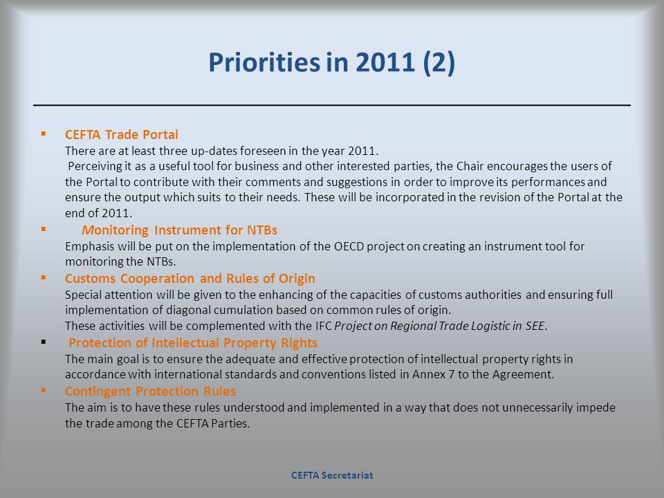 Priorities in 2011 (2) CEFTA Trade Portal