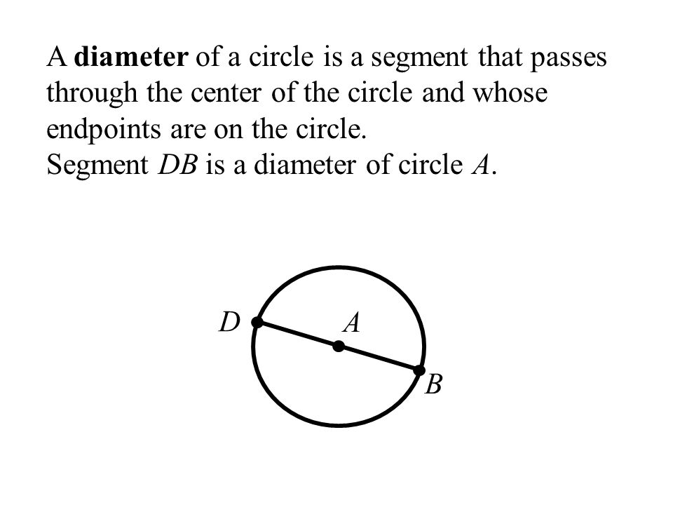 A diameter of a circle is a segment that passes through the center of the circle and whose endpoints are on the circle.