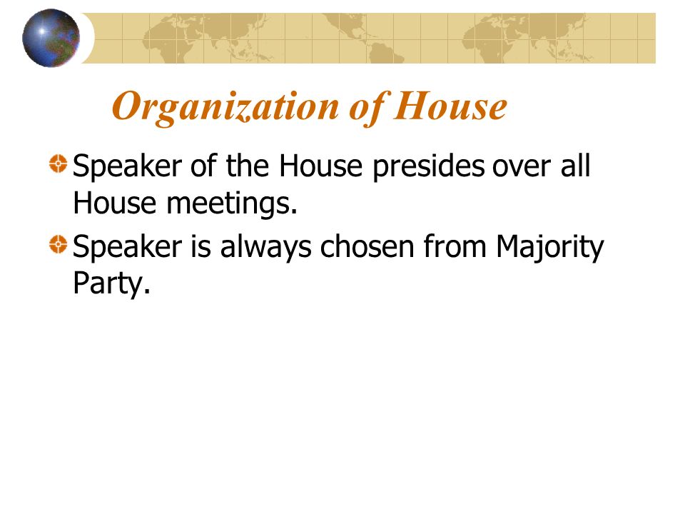 Organization of House Speaker of the House presides over all House meetings.