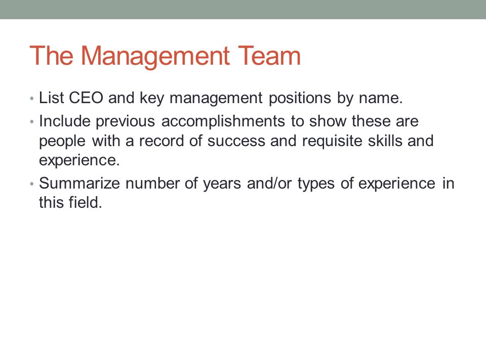 The Management Team List CEO and key management positions by name.