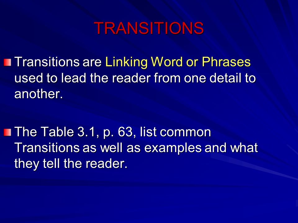TRANSITIONS Transitions are Linking Word or Phrases used to lead the reader from one detail to another.