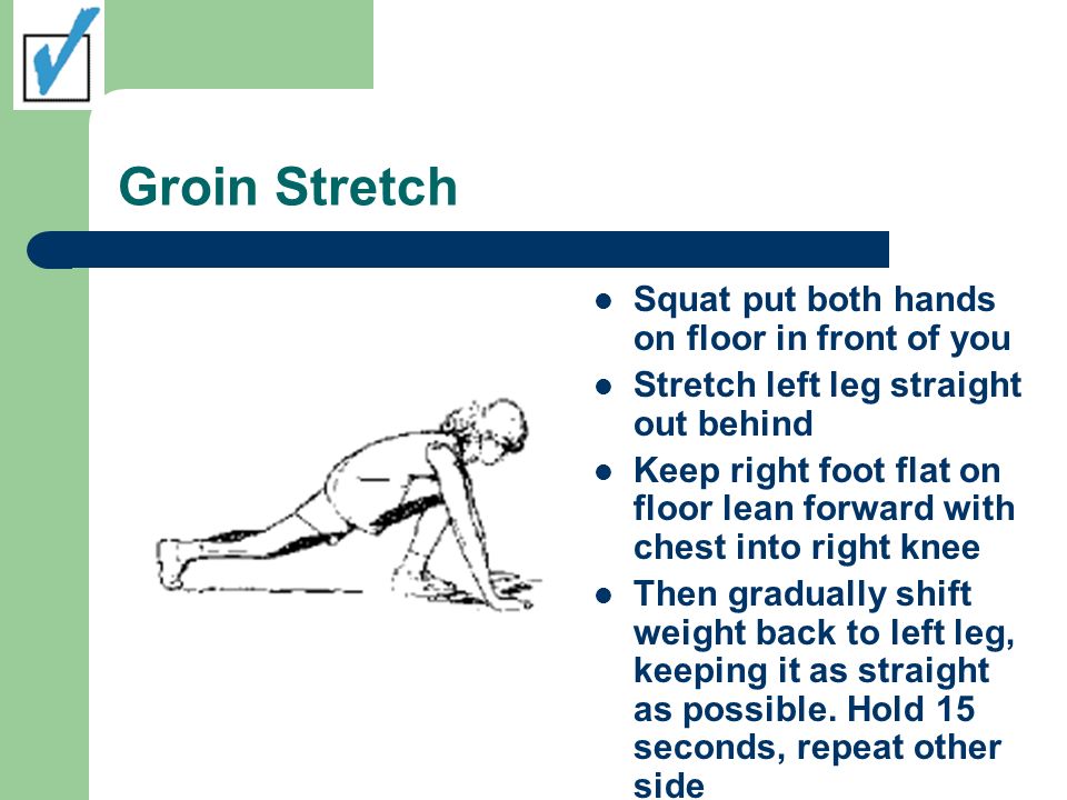 Groin Stretch Squat put both hands on floor in front of you