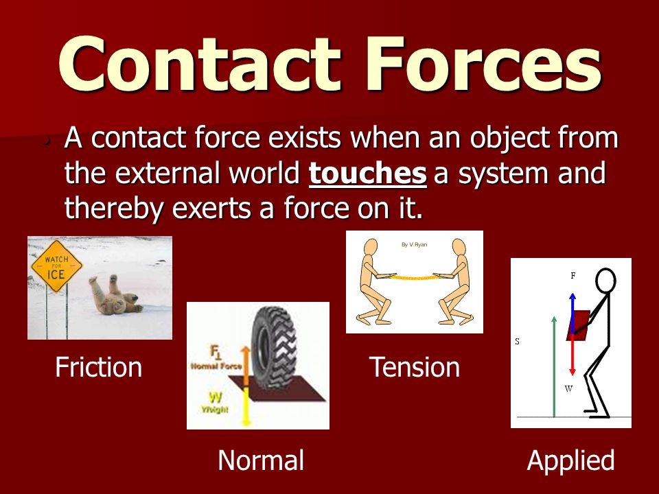 Contact Forces A contact force exists when an object from the external world touches a system and thereby exerts a force on it.