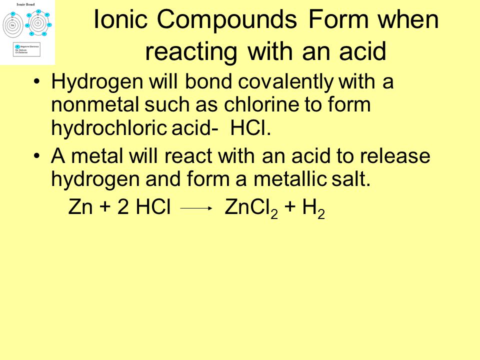Ionic Compounds Form when reacting with an acid