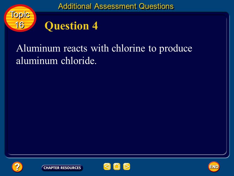 Question 4 Aluminum reacts with chlorine to produce aluminum chloride.