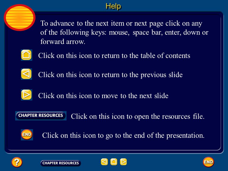 Help To advance to the next item or next page click on any of the following keys: mouse, space bar, enter, down or forward arrow.