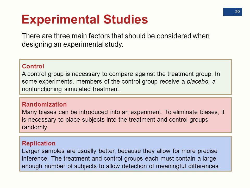 Experimental Studies There are three main factors that should be considered when designing an experimental study.