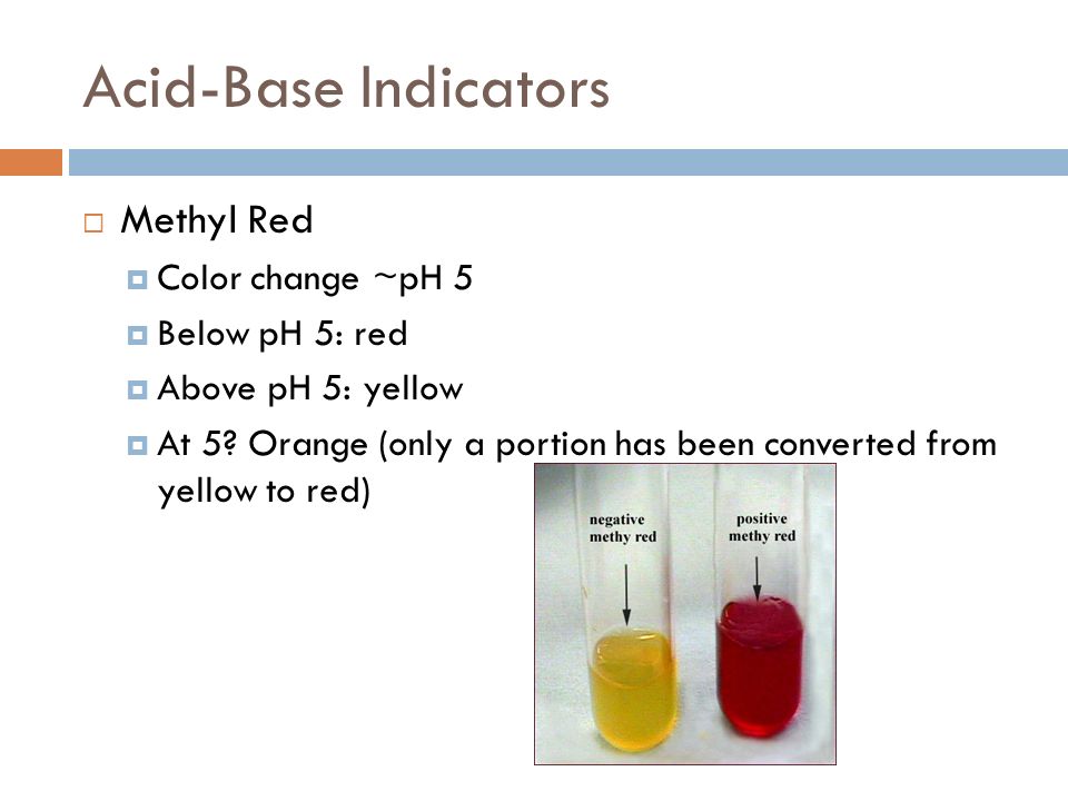 Acid-Base Indicators Methyl Red Color change ~pH 5 Below pH 5: red