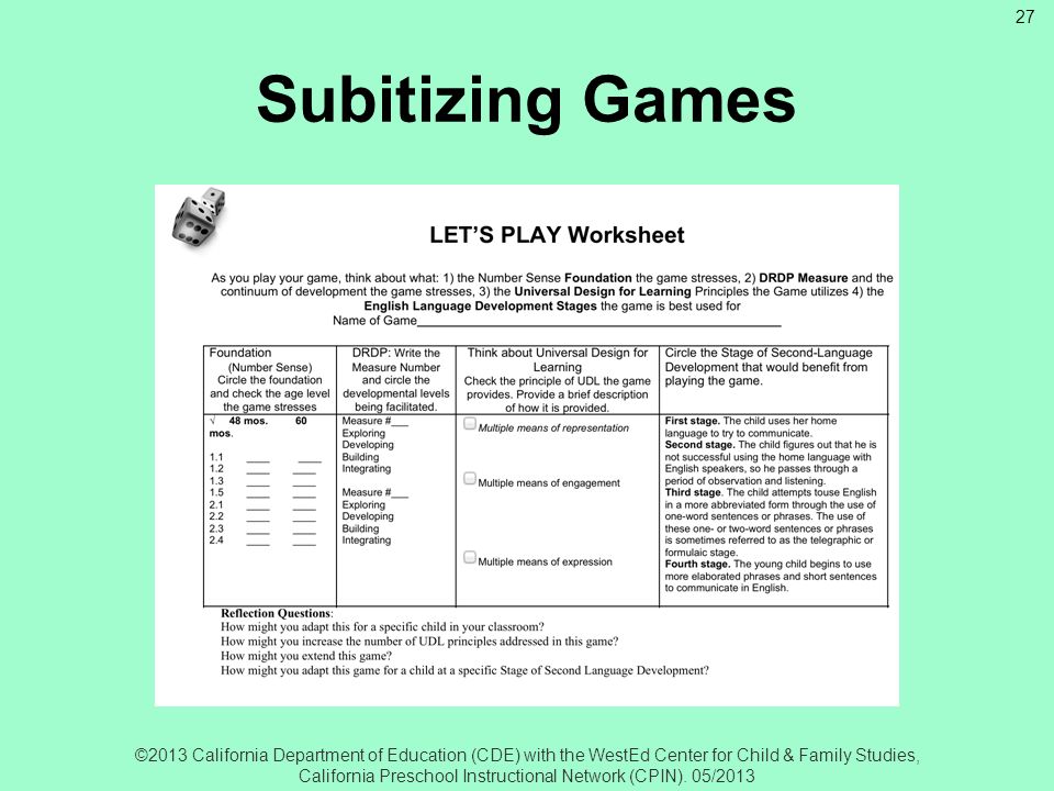 Subitizing Games Subitizing: Let’s Play