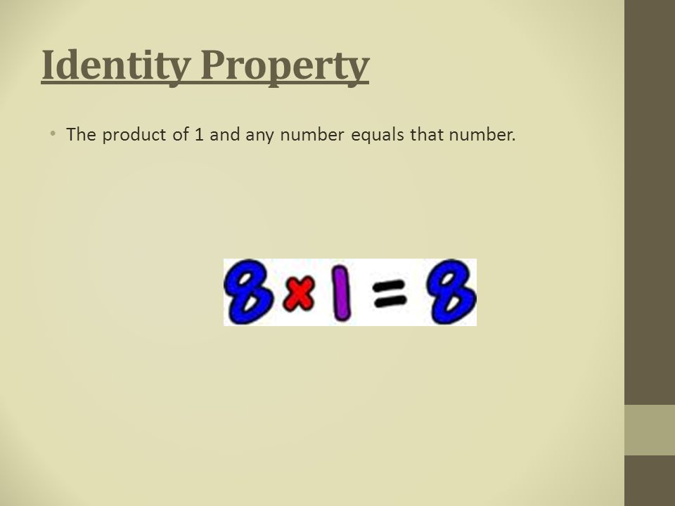 Identity Property The product of 1 and any number equals that number.