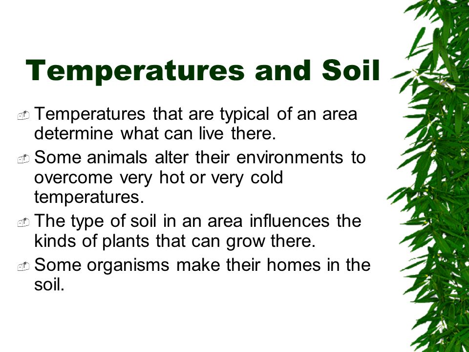 Temperatures and Soil Temperatures that are typical of an area determine what can live there.