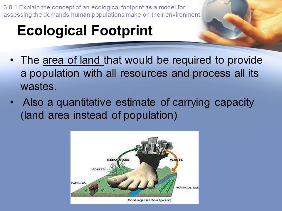 3.8.1 Explain the concept of an ecological footprint as a model for assessing the demands human populations make on their environment.