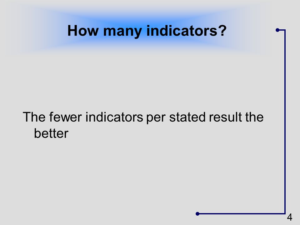How many indicators The fewer indicators per stated result the better