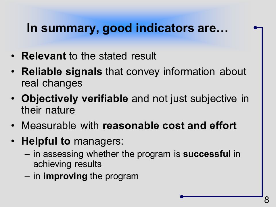 In summary, good indicators are…