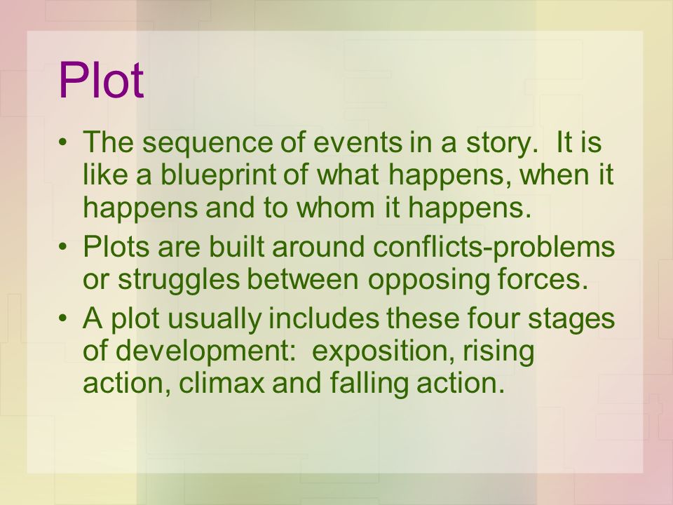 Plot The sequence of events in a story. It is like a blueprint of what happens, when it happens and to whom it happens.