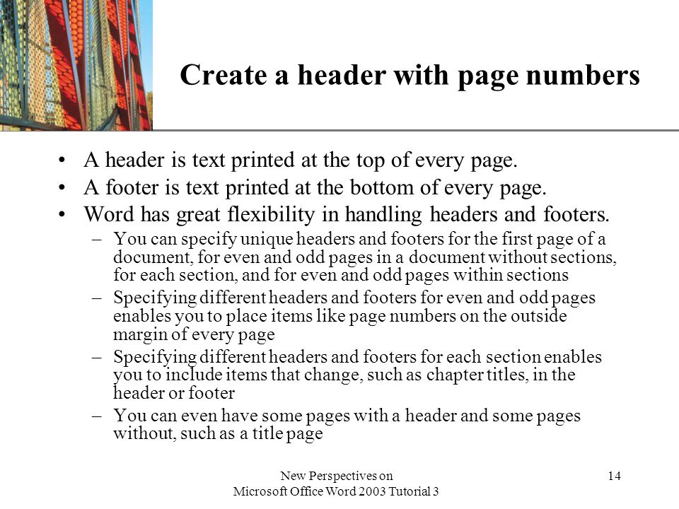 Create a header with page numbers