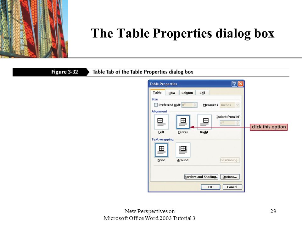 The Table Properties dialog box