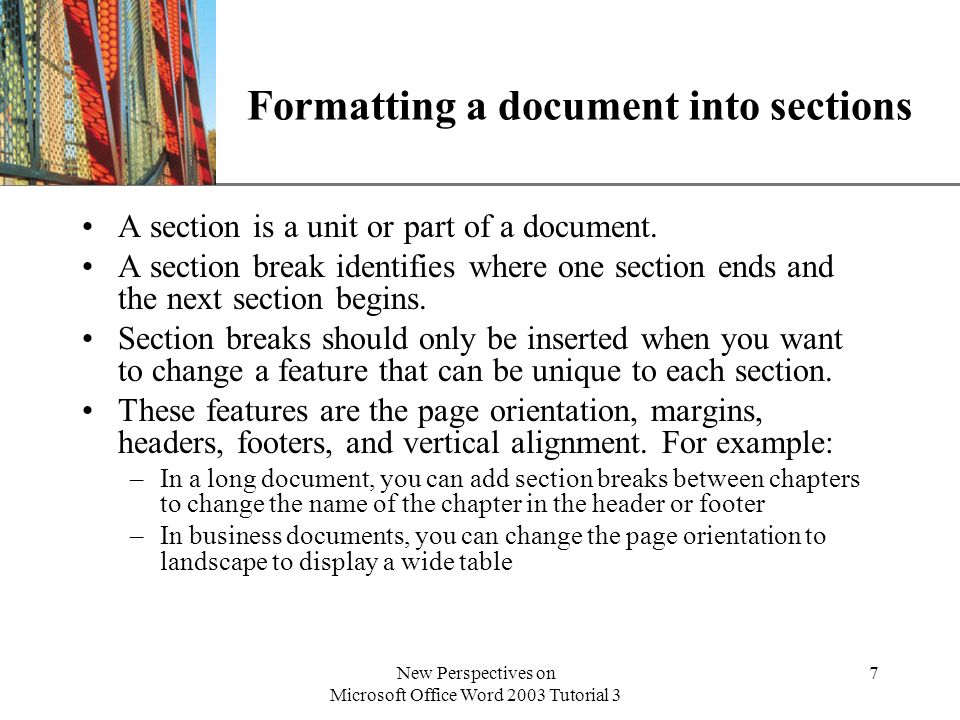Formatting a document into sections