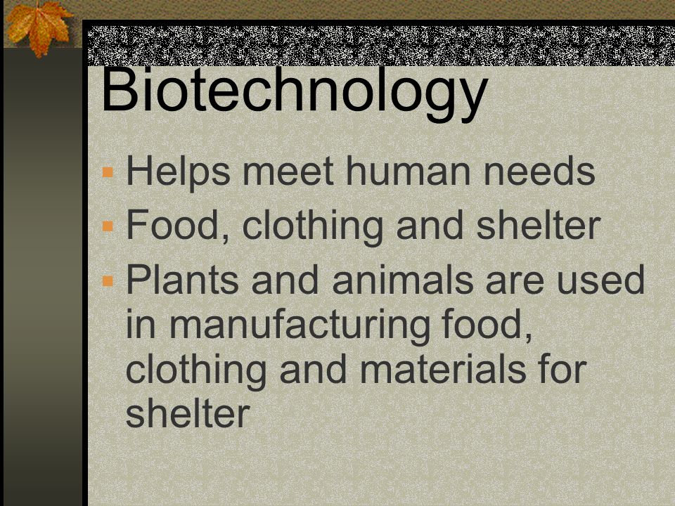 Biotechnology Helps meet human needs Food, clothing and shelter