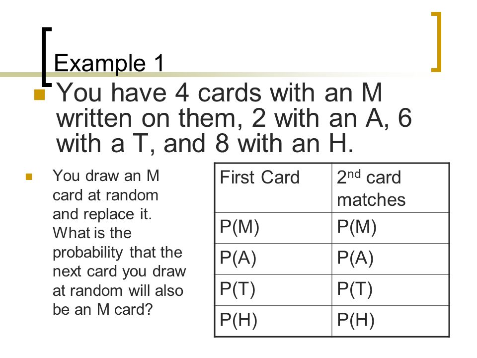 Example 1 You have 4 cards with an M written on them, 2 with an A, 6 with a T, and 8 with an H.