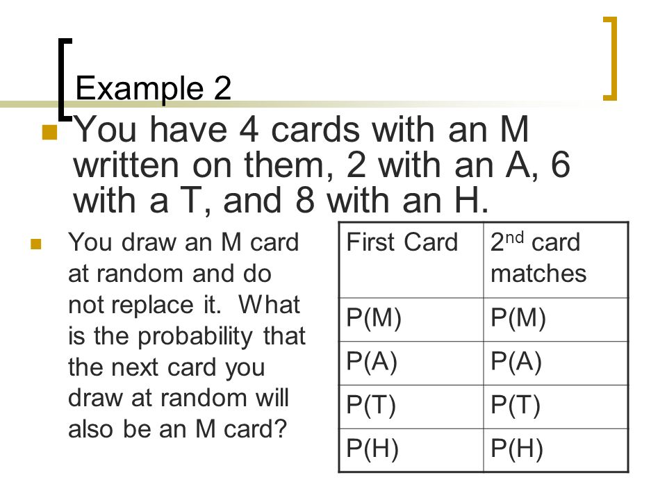 Example 2 You have 4 cards with an M written on them, 2 with an A, 6 with a T, and 8 with an H.