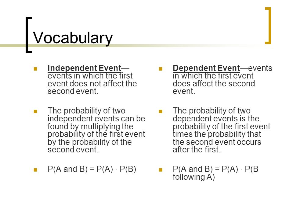 Vocabulary Independent Event—events in which the first event does not affect the second event.