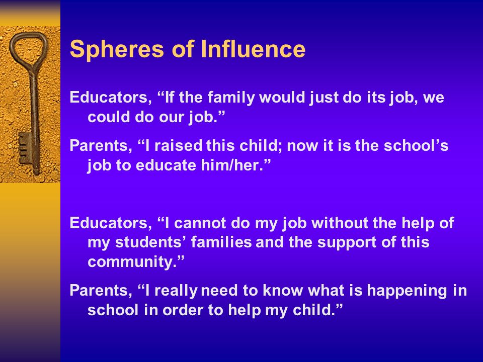 Spheres of Influence Educators, If the family would just do its job, we could do our job.