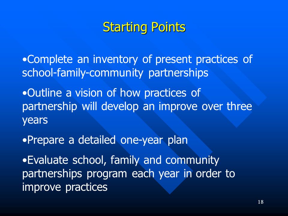 Starting Points Complete an inventory of present practices of school-family-community partnerships.