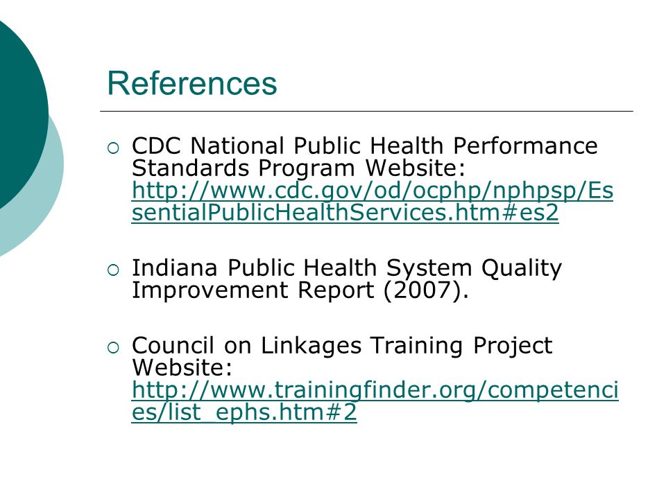 References CDC National Public Health Performance Standards Program Website: