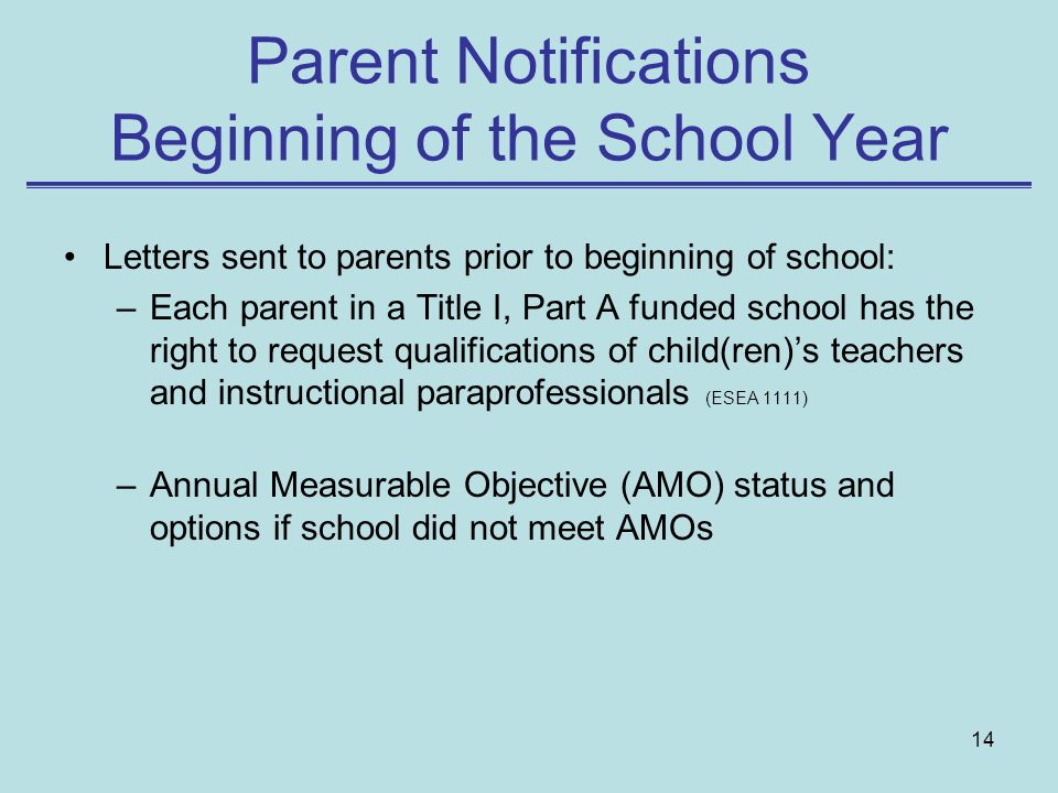 Parent Notifications Beginning of the School Year
