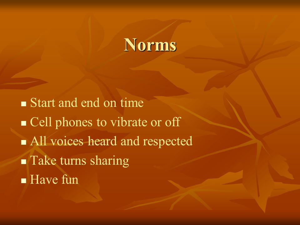 Norms Start and end on time Cell phones to vibrate or off